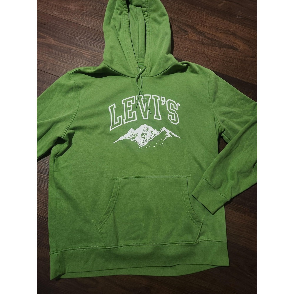 Levi's Hoodie Mens L Green Graphic Pullover Fleece Kangaroo Pocket Mountain Logo